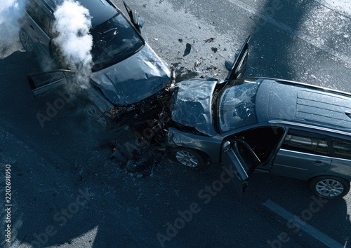 Two dark cars collide head-on on a road, smoke billowing