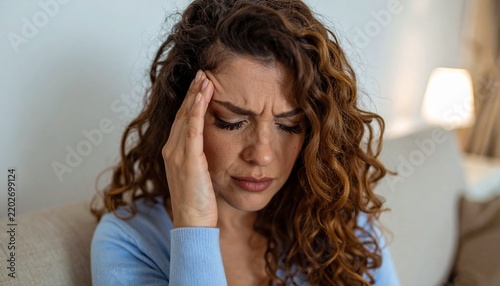 Stressed Young Woman Touching Forehead Suffering From Headache or Anxiety