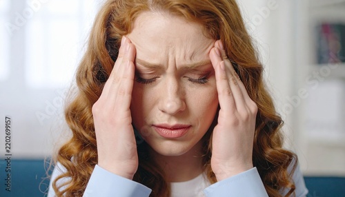 Stressed Young Woman Touching Forehead Suffering From Headache or Anxiety