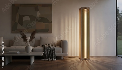 Modern cylindrical wooden lamp in living room