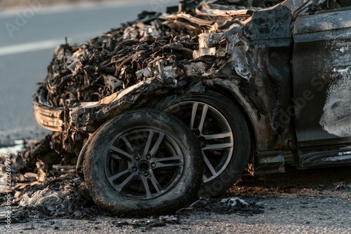 Charred remains of a vehicle with a detached wheel, showing severe damage
