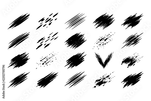 Set of black grungy brush strokes and diagonal lines isolated on white background with grunge strokes paint ink marks texture elements rough dirty distressed lines