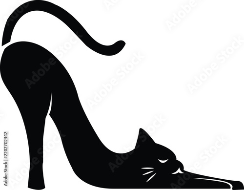 Black Silhouette Illustration Featuring a Stylized Domestic Cat Transformed into a High Heel Shoe Shape