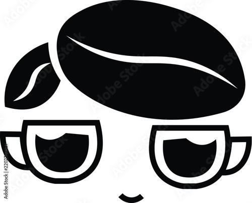 Stylized coffee face icon featuring a coffee bean as hair and two coffee cups as eyes for cafe branding and morning routine concepts