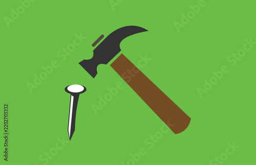 Hammer and metal nail vector illustration on green background for carpentry, construction, home improvement, renovation, and manual labor