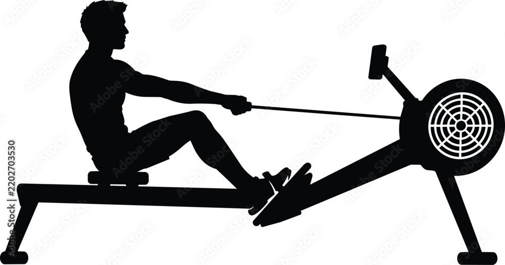 Obraz premium Person rowing indoor exercise machine silhouette vector illustration, Rowing silhouette vector illustration