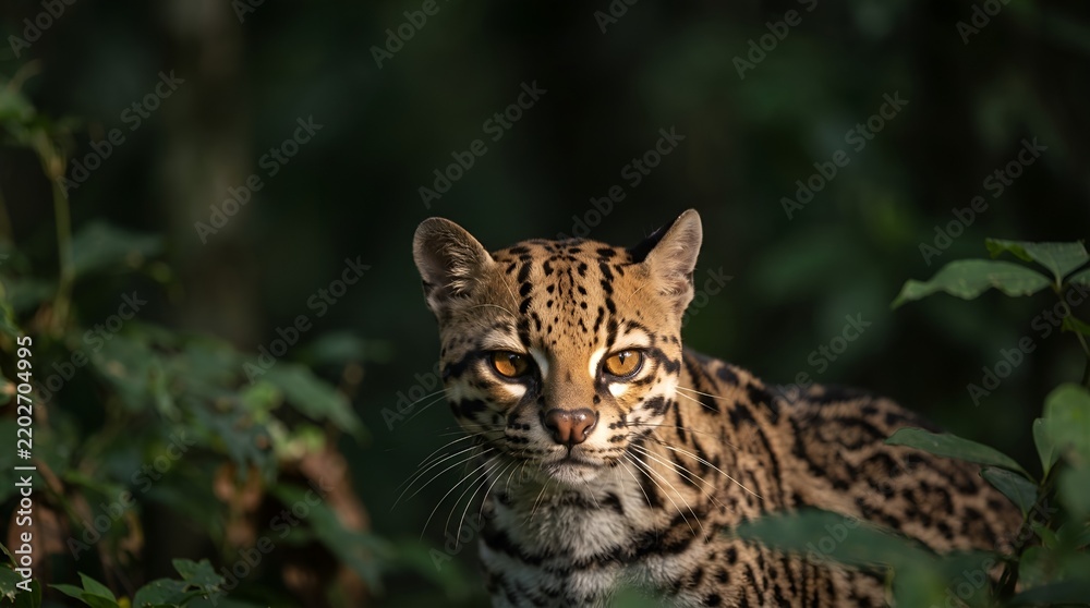 Fototapeta premium Ocelot resting in dense green foliage with natural lighting