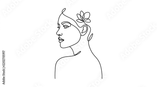 Continuous line art drawing of elegant woman profile with flower in hair isolated on white background
