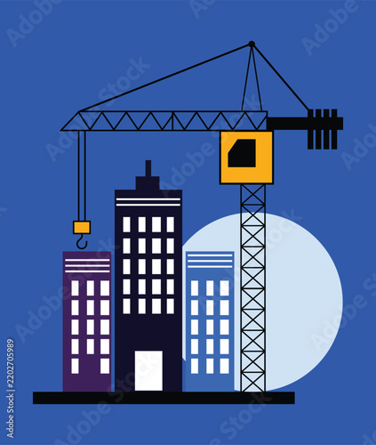 Flat design illustration of urban building construction site with tower crane