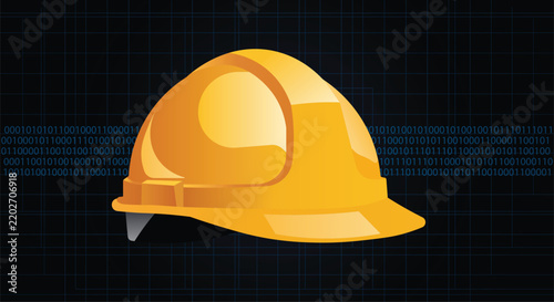 Hard hat icon on a dark background with digital tech lines