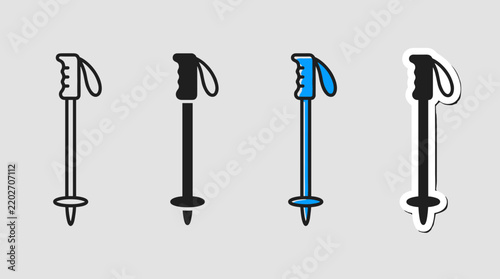 Alpine ski pole icon variations presenting linear, solid black, blue line, and sticker styles.