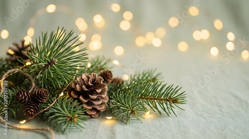Macro close-up of natural pine branches and pinecones with warm glowing fairy lights background