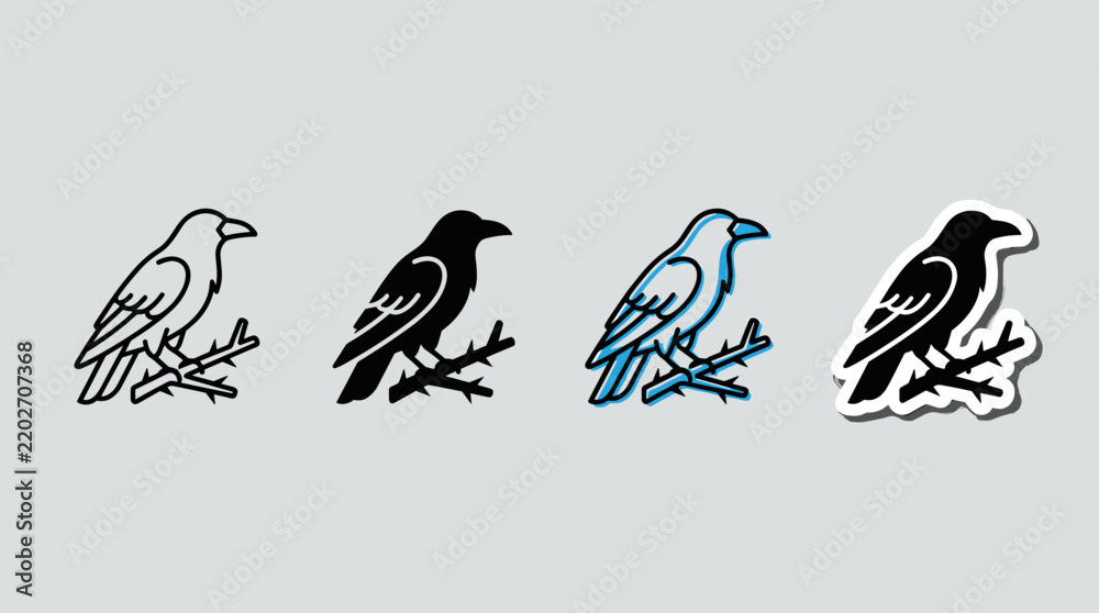 Obraz premium Raven crow bird on branch vector icon set with line silhouette color and sticker styles