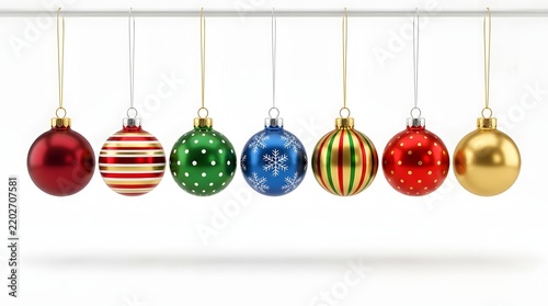 Seven colorful Christmas ornaments hanging in a row against a clean white studio background