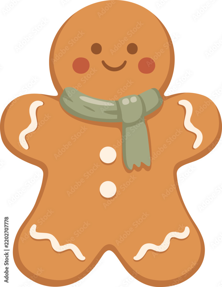Obraz premium Cute gingerbread man cookie with green scarf Christmas bakery clipart