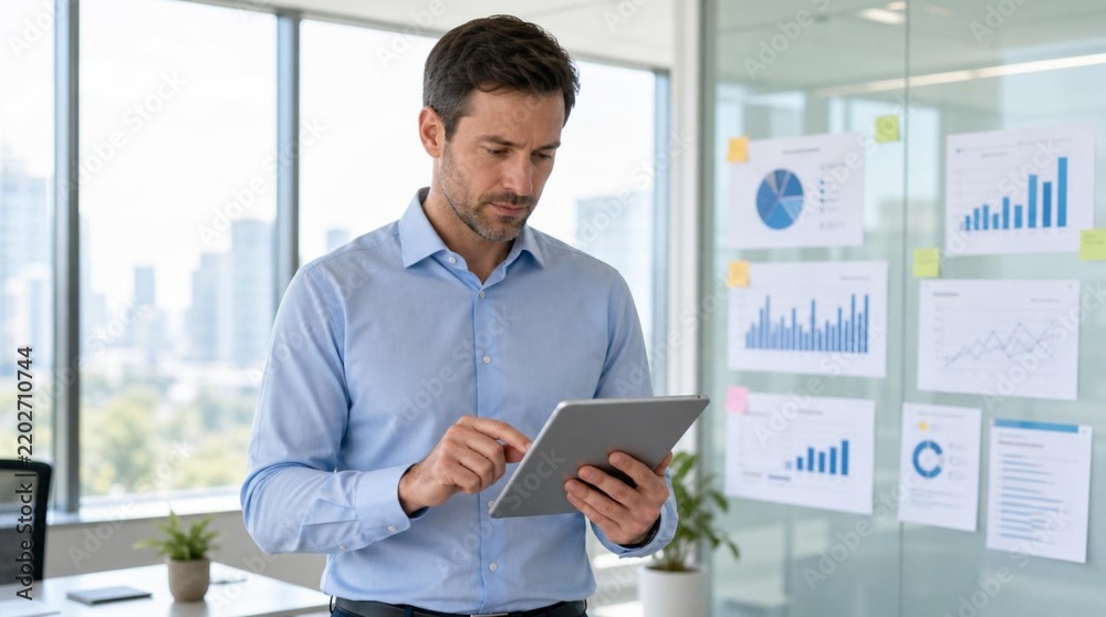 Fototapeta premium Focused businessman in light blue shirt reviewing data on tablet in modern glass office with colorful charts, graphs, sticky notes, and city skyline view through large window