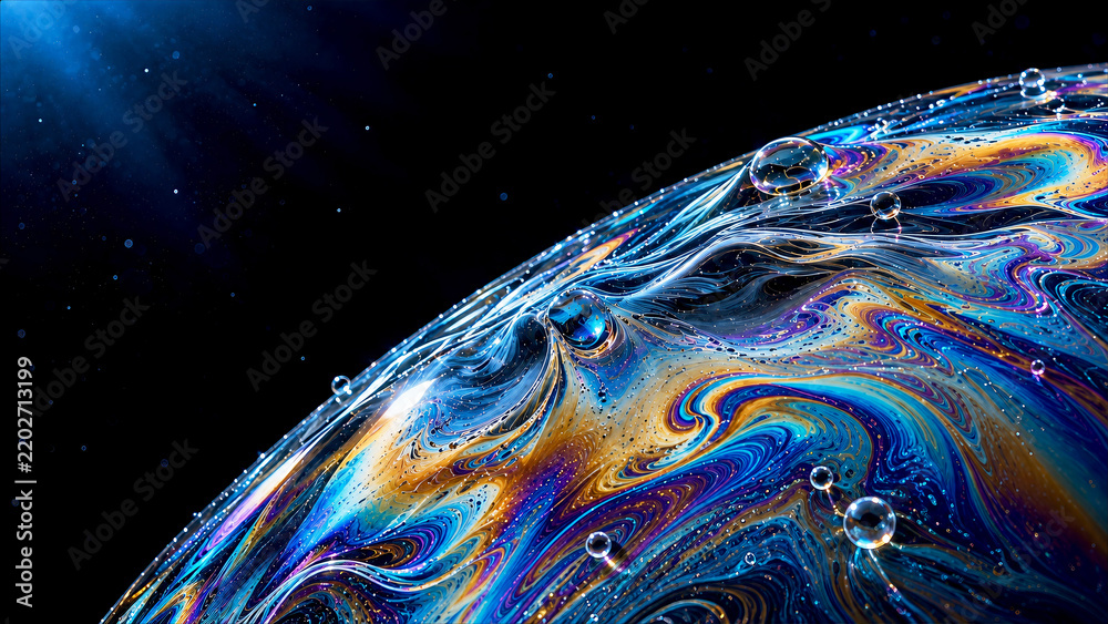 Obraz premium Iridescent Fluid Surface with Swirling Optical Interference Patterns