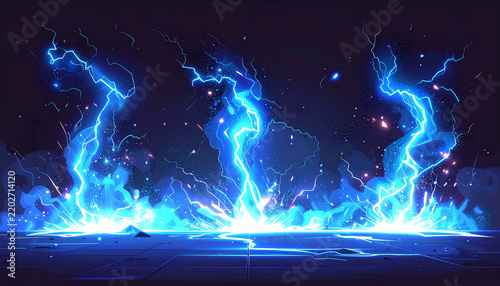 横方向へ走る青白い電撃のゲームエフェクト
Horizontal blue electric bolt game visual effect