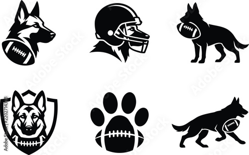 German Shepherd American Football Logo Icon Set in Black Silhouette Vector Style