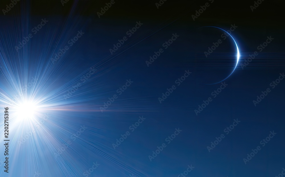 Fototapeta premium Bright stellar glare illuminates crescent planet against deep blue cosmic backdrop
