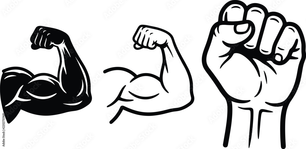 Obraz premium Muscular Arm and Fist Icon Set with Flexed Bicep for Strength, Gym, Fitness, and Power Symbol Designs