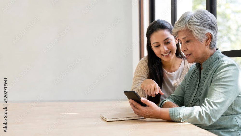 Obraz premium In a well-lit indoor environment, two women are having an engaging conversation while simultaneously examining something on a phone