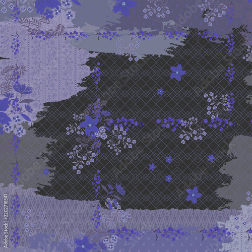 Abstract Geometric Digital Background: Luxury Grunge Botanical Floral Pattern with Abstract Paint Brush Strokes, Diamond Lattice Grid, and Vintage Patchwork Blue 
