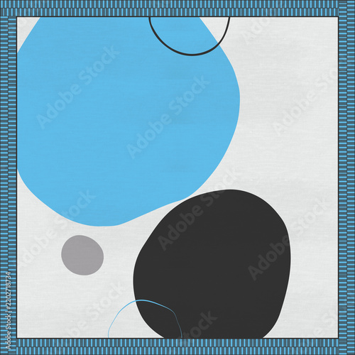 Abstract Geometric Digital Background: Modern Minimalist Organic Shapes with Curved Line Art, Geometric Dots, Canvas Texture, and Striped Framed Blue