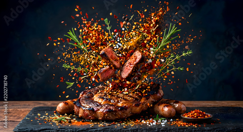 Juicy grilled beef steak cooked with aromatic spices and herbs served on dark slate board with steak knife placed beside