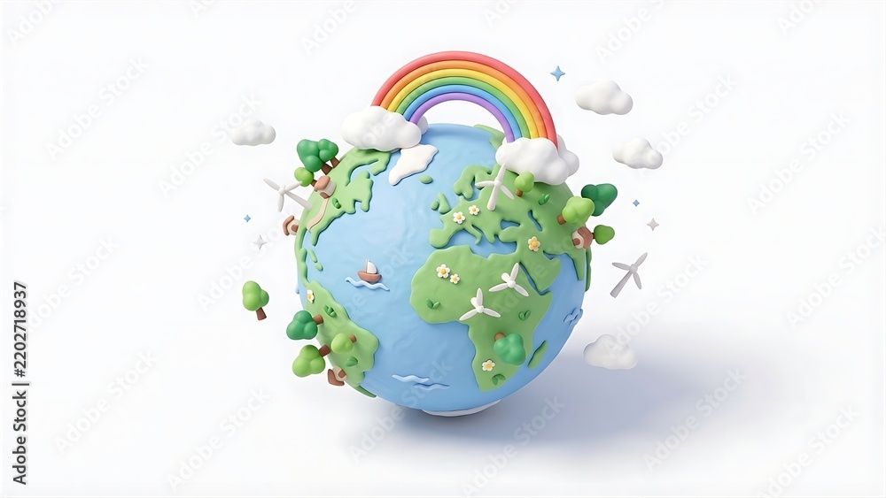 Obraz premium 3D Claymorphism Mini Planet Earth with Green Trees, Wind Turbines and Rainbow Made of Smooth Matte Clay Isolated on White Background