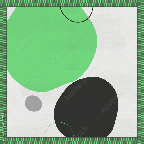 Abstract Geometric Digital Background: Modern Minimalist Organic Shapes with Curved Line Art, Geometric Dots, Canvas Texture, and Striped Framed Green