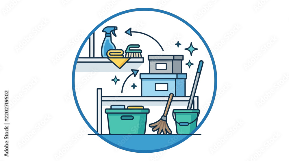 Obraz premium Cleaning supplies and storage on shelves, household chores concept