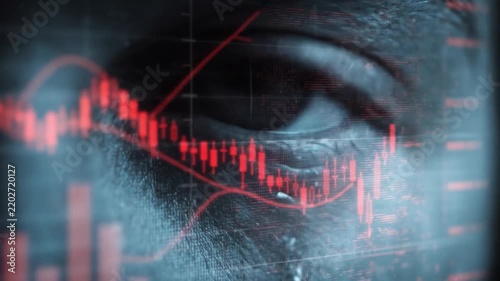 Economic Downturn and Distress: A close-up of a tearful eye superimposed with a sharp, downward-trending stock market graph, symbolizing financial loss and emotional hardship.