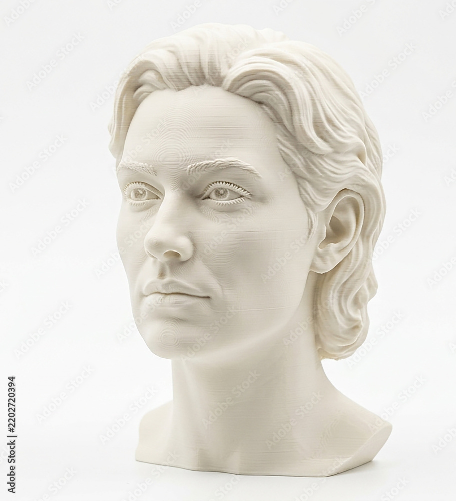 Fototapeta premium Realistic 3D Printed Human Head Sculpture on White Background