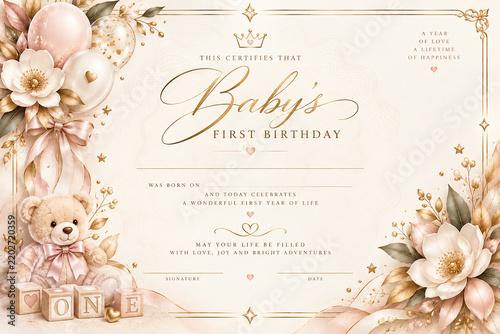 Baby Girl First Birthday Certificate with Teddy Bear, Balloons and Elegant Pink Gold Floral Decoration