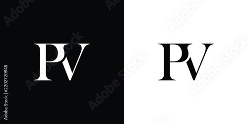 PV logo design. Initial letter P and V in a serif font. Creative, classic company name typography. Trendy logotype or brand identity. Vector illustration.