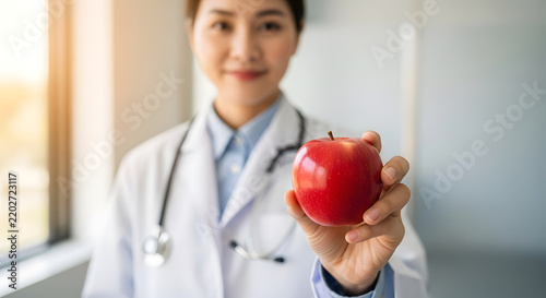 Female doctor smiling with an apple in a bright clinic