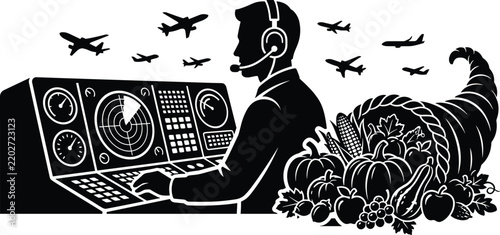 Air Traffic Controller Operating Radar System with Thanksgiving Harvest Cornucopia and Aircraft Silhouettes Vector Illustration