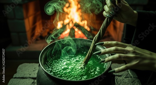 Witch brewing a potion in cauldron