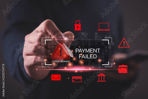 Failed digital payment, a professional interacting with a financial interface and red warning icons, representing transaction errors, banking problems, payment security, fraud risk, and system failure