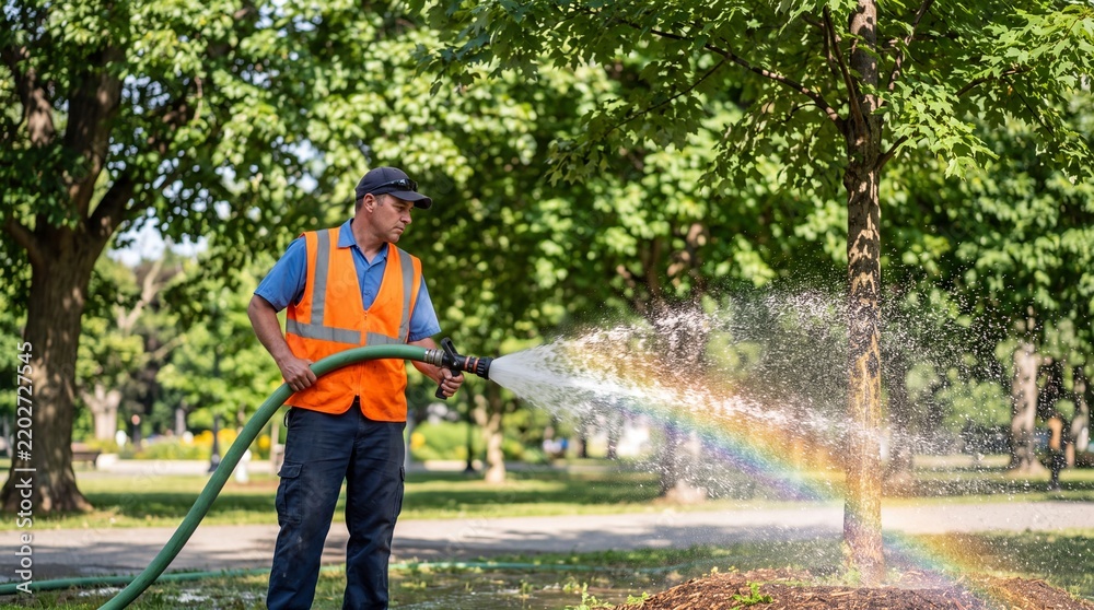 Obraz premium Gardener watering a young tree in a park creating a beautiful rainbow effect with water spray