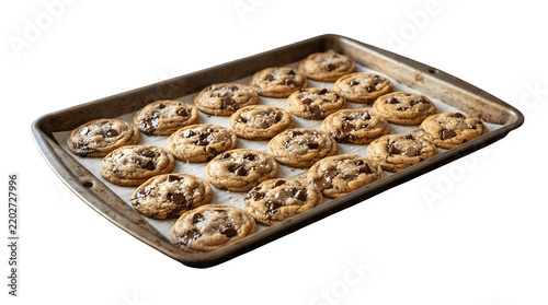 Tray of freshly baked warm chocolate chip cookies on parchment paper with baking sheet homemade cookies sweet treat chocolate chunks food photography
