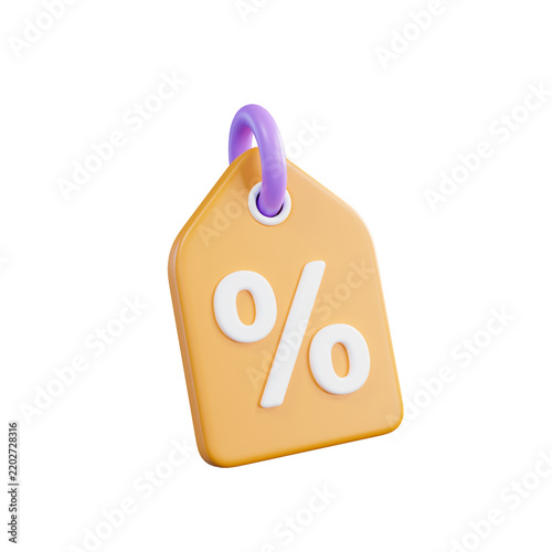 Yellow 3d discount price tag with percent symbol, promotional sale offer badge for shopping, retail percent tag element for marketing campaign isolated on Transparent Background