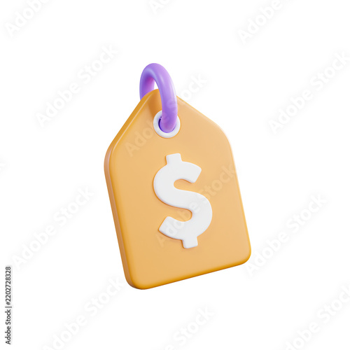 3D price tag with dollar sign, yellow retail discount label, financial commerce icon for shopping and sales promotions isolated on Transparent Background
