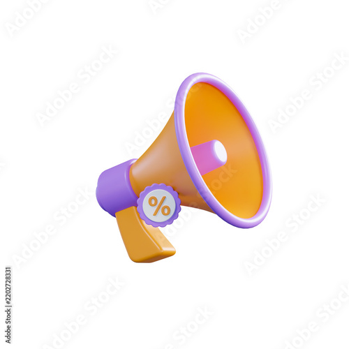 3D megaphone with percentage discount icon, orange and purple loudspeaker for marketing promotions, digital announcement bullhorn for retail sales isolated on Transparent Background