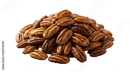 Pile of shelled raw pecan nuts isolated on white background with raw pecans nut heap pecan halves protein snack baking ingredient dietary food nutrition