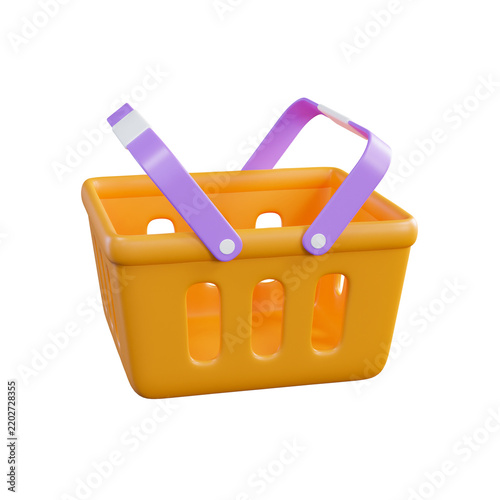 3D shopping basket icon in orange and purple, plastic grocery basket for retail and e-commerce, modern supermarket shopping container isolated on Transparent Background