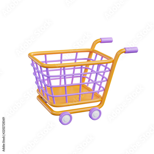 3D shopping cart icon in orange and purple, stylized plastic grocery trolley for e-commerce, modern retail store basket for online marketing isolated on Transparent Background