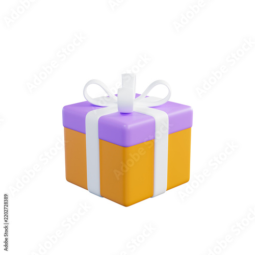 3D gift box with purple lid and yellow base, festive present with white ribbon bow, colorful surprise package for celebration and holiday marketing isolated on Transparent Background