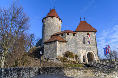 Фотография Žovnek Castle on its hill with wooden entrance bridge and Slovenian flags, medie